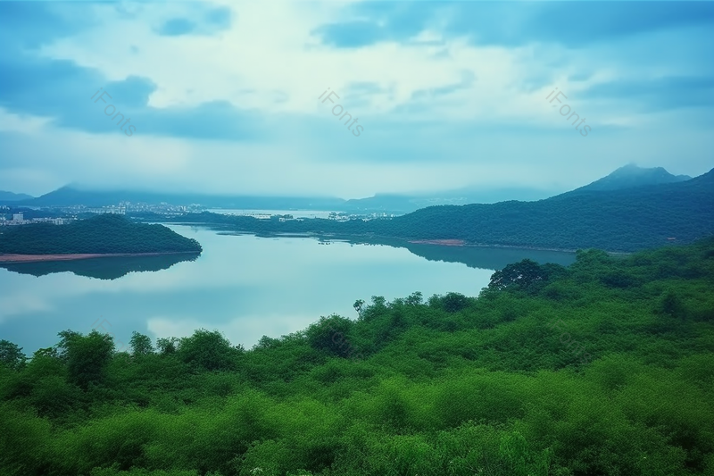 绿色浓密小镇缩影草河流远处风景背景,高清,摄影图,摄影图片,图片大全,摄影图免费下载